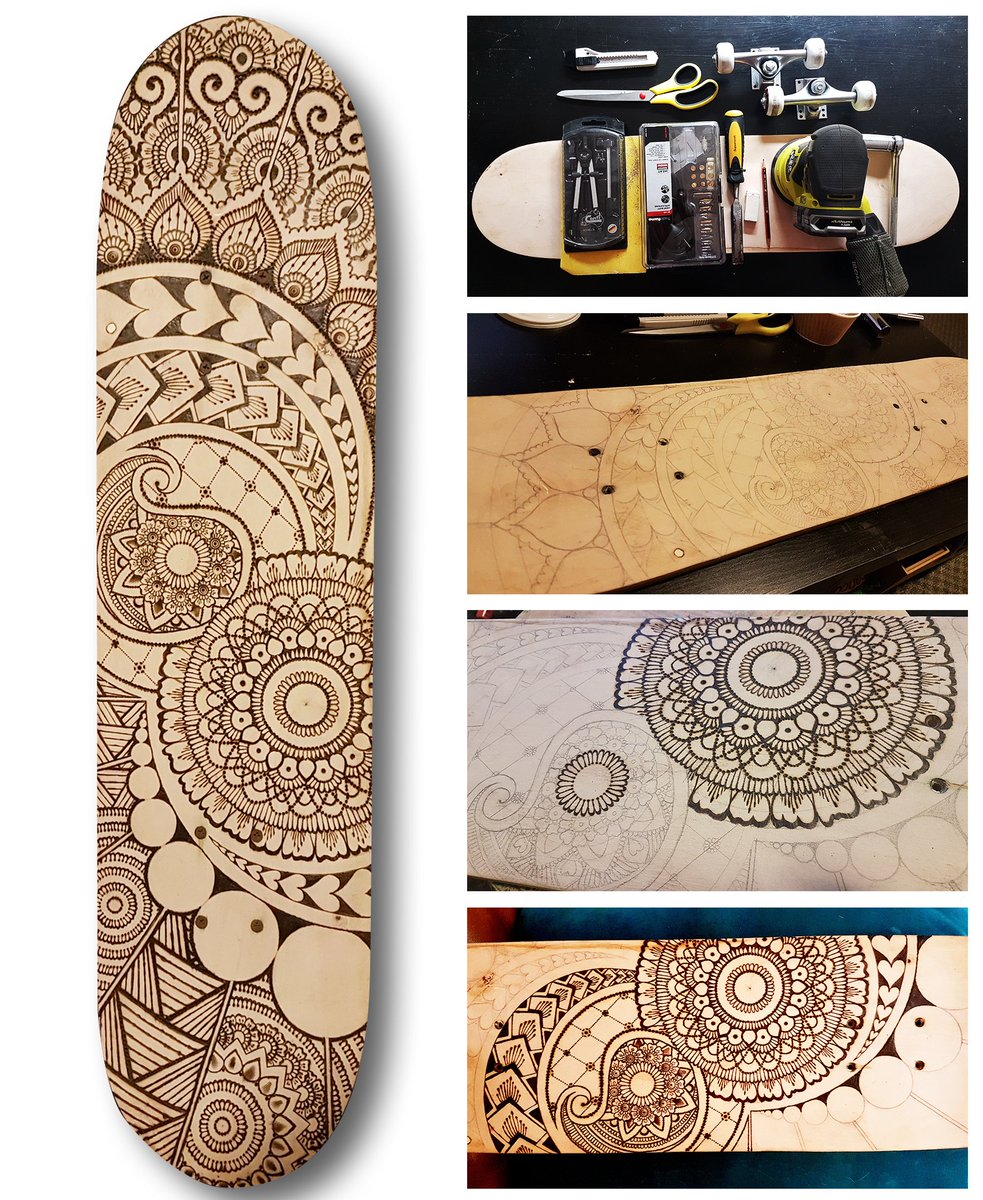 jeevesverma's tweet image. My good mate, Miles handed me a skateboard that he found in the trash... so I attacked it with my wood-burning kit 😁

#woodburning #skateboard #hennadesign