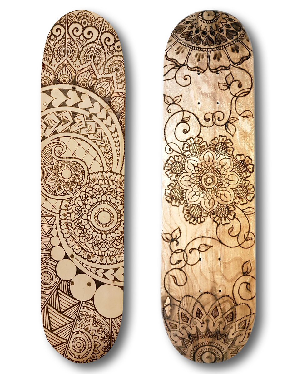 jeevesverma's tweet image. My good mate, Miles handed me a skateboard that he found in the trash... so I attacked it with my wood-burning kit 😁

#woodburning #skateboard #hennadesign