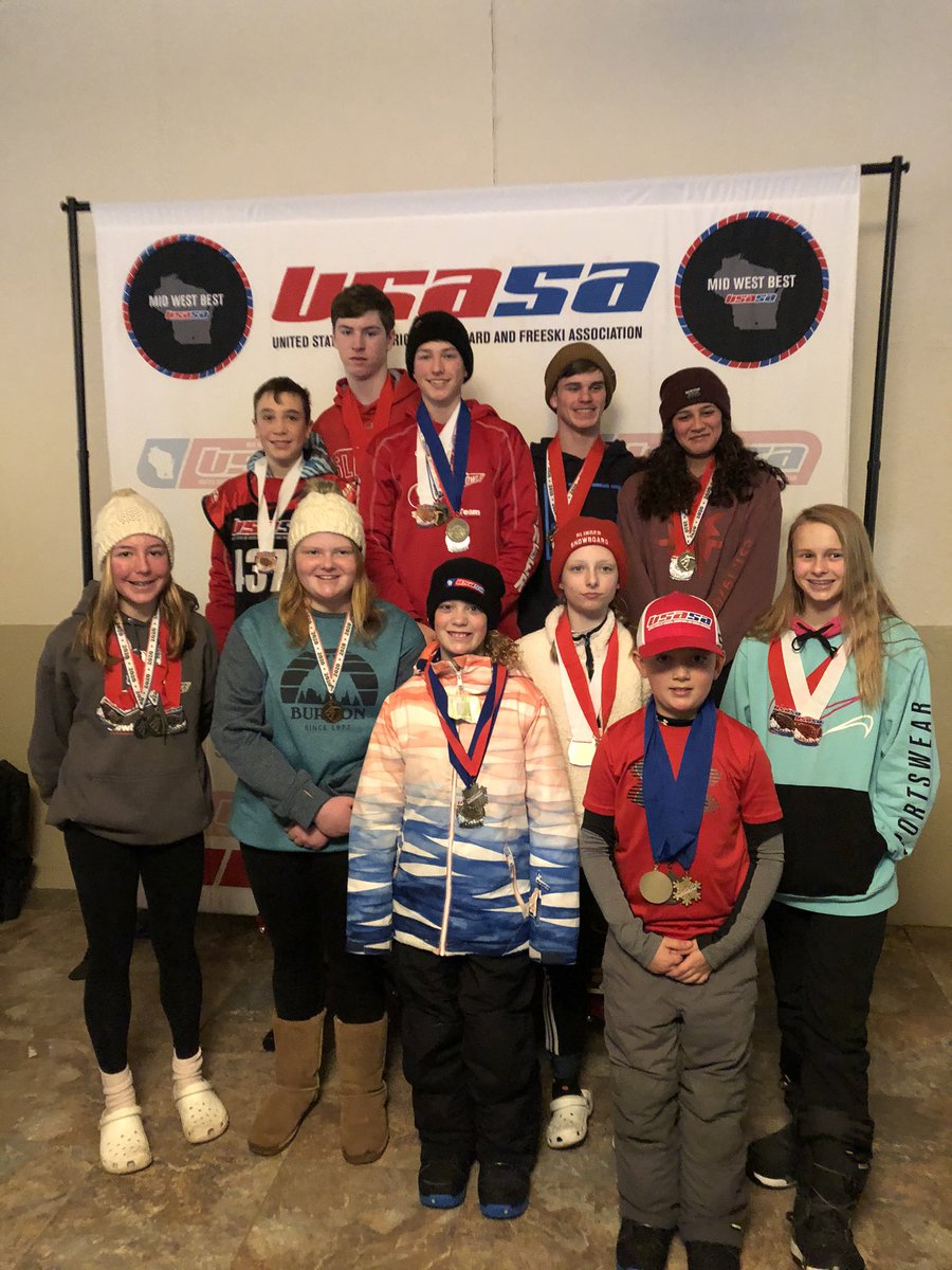 shssnowboard's tweet photo. Great first weekend! Slinger brought 40 kids to race each day and brought home medals by Kennedy W, Jax W, Kallie W, Ava S, Emma S, Mickey D, Luke S, Ethan S, Brady J, Marisa R, Jack B. Also Joe H and Henry W (not pictured) Go Owls!! #slingerpride #usasasnow #usasa #usasamwb https://t.co/zgOgdYuCpY