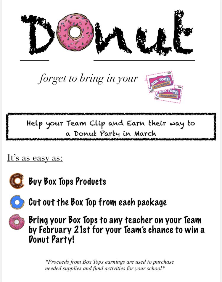 WMS_PTA's tweet photo. D🍩NUT forget to bring your Box Tops! Help your team earn a 🍩🍩🍩 party!!! Turn in Box Tops to ANY teacher by Feb. 21st. Good luck! #wmspta #boxtops #donutparty https://t.co/tBD1T0LKb8