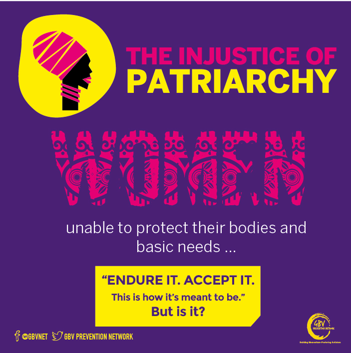Patriarchy violates women's bodies and basic rights by perpetuating harmful stereotypes that prevent women from being in control of their bodies and their lives. Women are told to endure and accept gender injustice but that's not how it's meant to be.