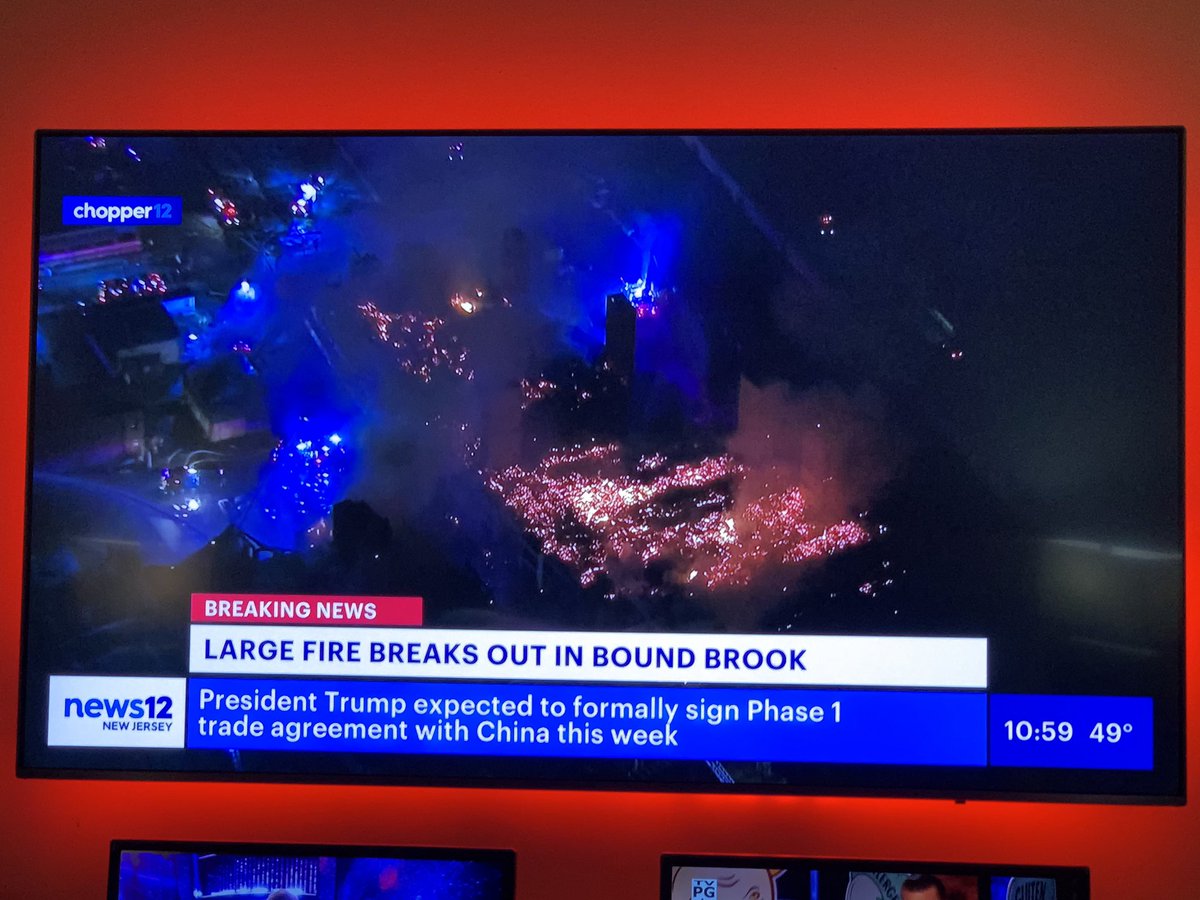 JeremySettle's tweet photo. The shot from @News12Chopper showing just how big that Bound Brook fire is tonight. @News12NJ https://t.co/T8TMMHamUx
