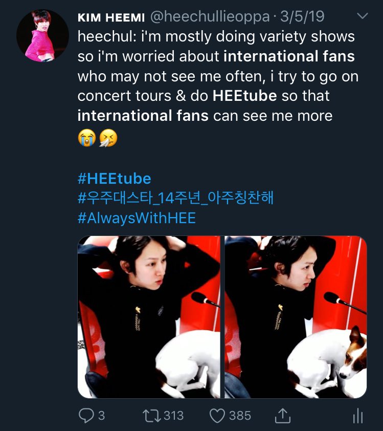 heechul worries that international fans won't get to see him often because he usually only appears on korean TV shows so he created  #HEEtube to communicate with fans. he had spent hours talking to us & giving us HEEcontents.