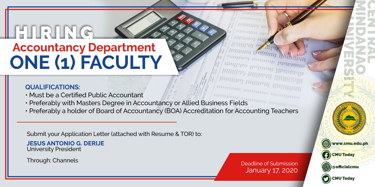 CMUofficial's tweet photo. HIRING: The Department of Accountancy, College of Business &amp; Management is in need of a Faculty for this 2nd Semester, SY 2019-2020. #CMUJobs #CMUToday https://t.co/AdkARdfskX