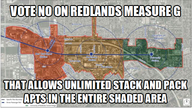 RedlandsTParty's tweet image. Redlands #MeasureG allows the city council to build unlimited #StackAndPack apartments, in height and number, in the area on this map, from Alabama to Judson. 

Why is the Red.CC seeking this power if they don't intend to use it?