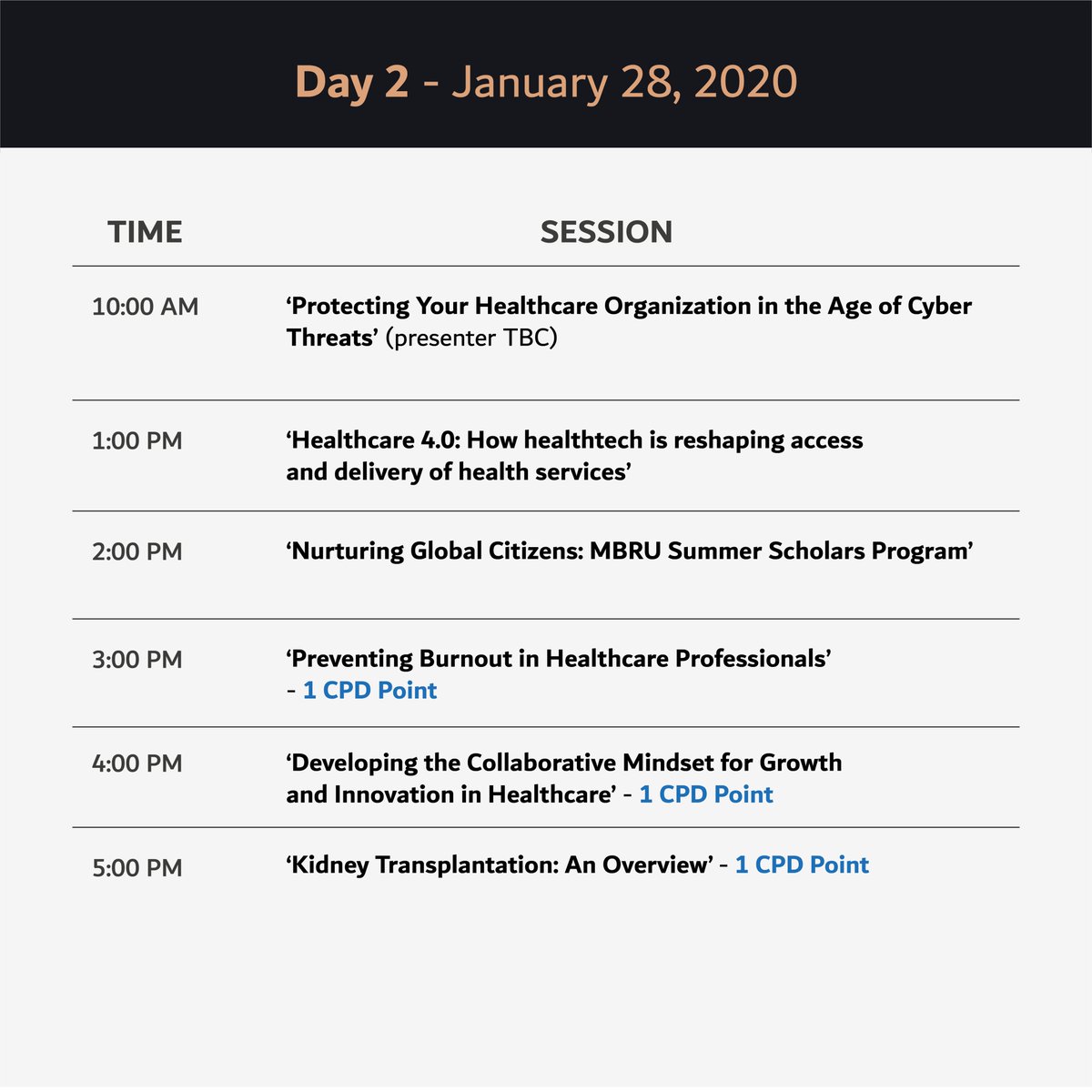 HealthcareCity's tweet photo. Day 2 Schedule:
- #Healthcare 4.0: How #healthtech is reshaping access and delivery of health services
- Nurturing #GlobalCitizens: @MBRUniversity #SummerScholarsProgram
- Preventing Burnout in Healthcare Professionals https://t.co/UrnnzFACEX