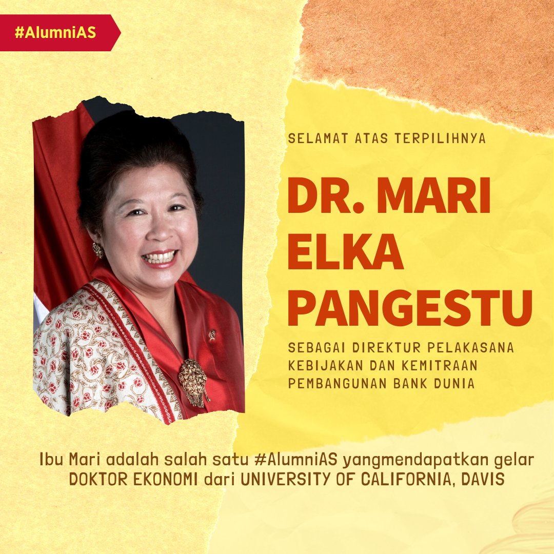 EdUSAIndonesia's tweet photo. Selamat atas terpilihnya DR. Mari Elka Pangestu sebagai Direktur Pelaksana Kebijakan Pembangunan dan Kemitraan Bank Dunia.
Ibu Mari adalah salah satu #AlumniAS yang mendapatkan gelar Doktor Ekonomi dari University of California, Davis. @ucdavis
#StudiAS #EducationUSA https://t.co/XwPeEEQiLC