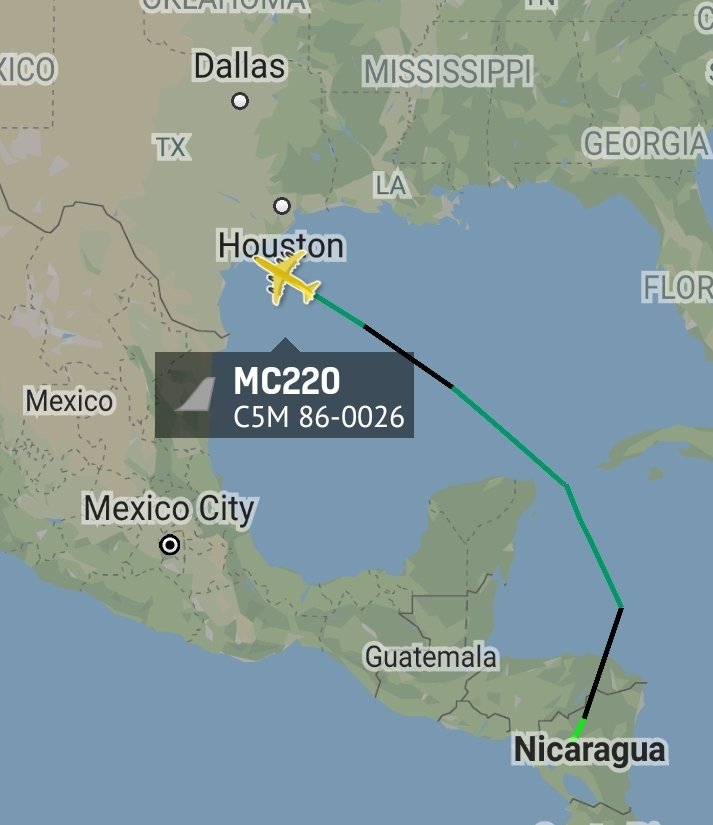 is_keelu's tweet photo. USAF
Lockheed C-5M Super Galaxy 
Spotted off the coast of #Texas 
(Departed from #Nicaragua )

MC220/RCH220 86-0026 #AE0577 https://t.co/Kb5UR0p1Vf