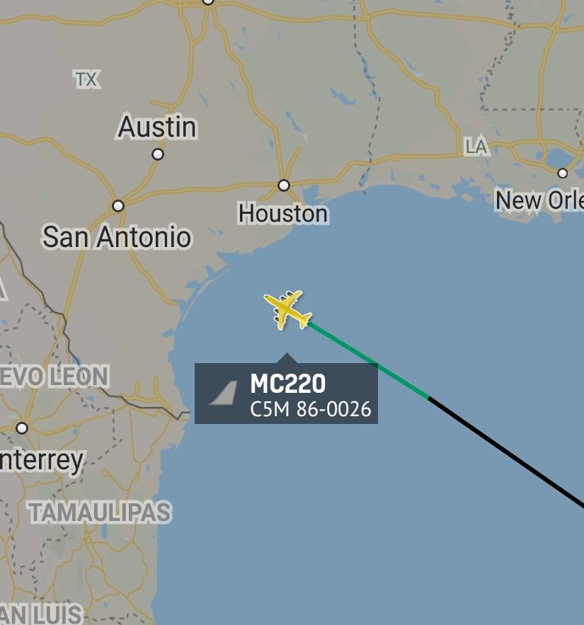 is_keelu's tweet photo. USAF
Lockheed C-5M Super Galaxy 
Spotted off the coast of #Texas 
(Departed from #Nicaragua )

MC220/RCH220 86-0026 #AE0577 https://t.co/Kb5UR0p1Vf