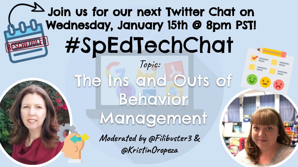 KristinOropeza's tweet photo. #SpEdTechChat returns this week from hiatus! We are talking all things behavior management - no tool or strategy will be left behind! Come join us on Wednesday, January 15th @ 8pm. It's only a 30 minute chat! #wearecue #cuela #behaviormanagement #behaviortalk https://t.co/Yr5jZSsxHQ