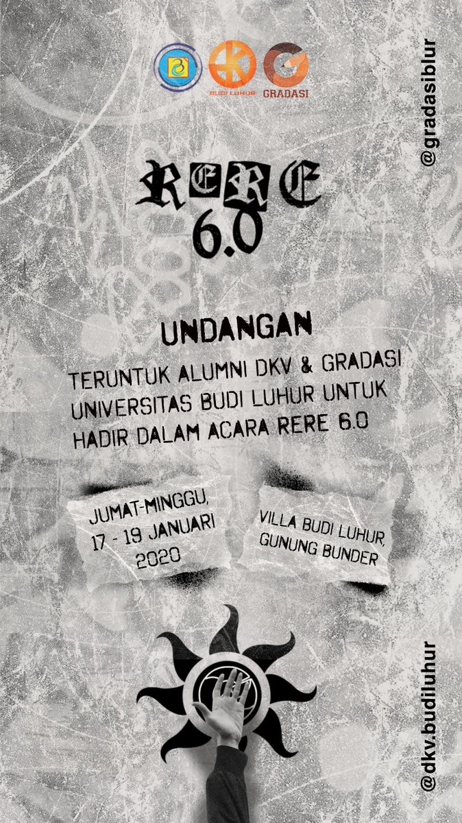 Rekreasi Regenerasi 6.0🍻

Merupakan acara besar gradasi untuk berwisata dan 'bergenerasi'.
RERE kali ini akan di laksanakan pada: 
17 - 19 Januari 2020
Di Vila Budi Luhur
Gunung Bunder

Untuk Info lebih lanjut
Ig :
@gradasiblur
@dkv.budiluhur
Contac person :
 085714046823(baron)