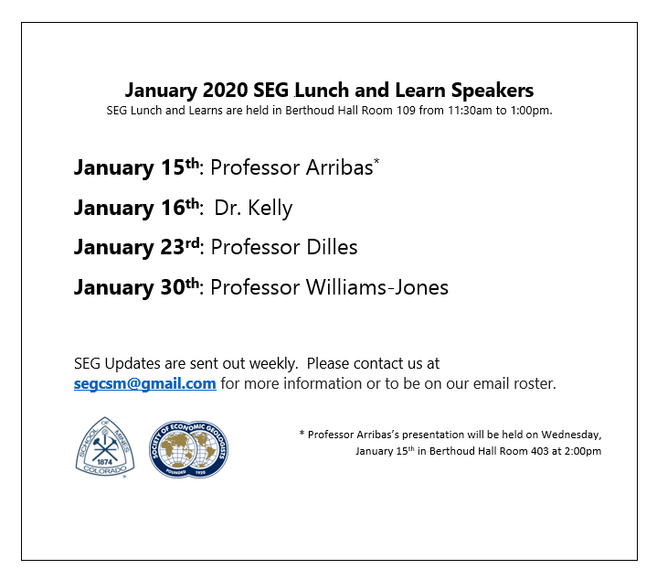 Our January Lunch and Learn schedule is now available.  We encourage everyone to check it out!  Like last semester, our weekly meetings will be held from 11:30am to 1:00pm in Berthoud Hall Room 109.  As always, we hope to see everyone at our meetings!