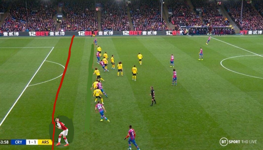 EddieLongbridge's tweet photo. Look at the build up the Crystal Palace equaliser. What is Mustafi doing!? He's got his back to the action and keeps Palace onside. Has to be his last game for Arsenal surely. https://t.co/PRXPfj9o9Q