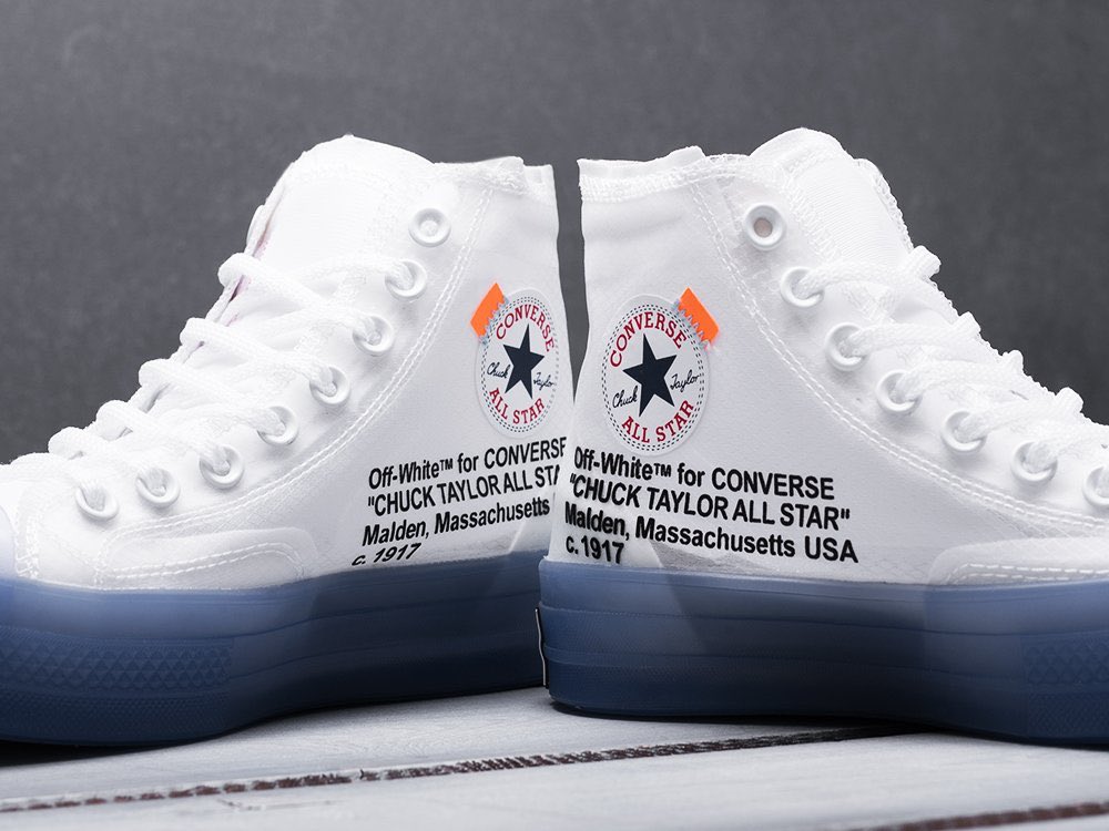 Jersey Yard™ on Twitter: "Converse x Off-White Chuck Taylor All Star Iconic Details: Semi Revealing Material, Icy Blue sole & Red Sizes: 40-44 Available Shop The FEED! #converse #offwhite #