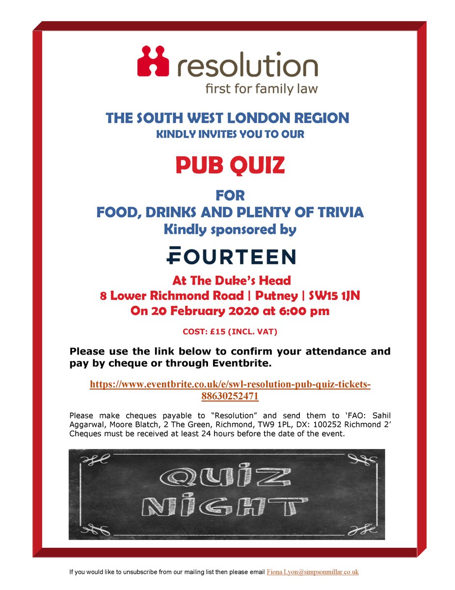 Join us for our Pub Quiz on 20th February at The Duke’s Head in Putney. There are limited tickets available so book now to secure your place! <a href="/ResFamilyLaw/">Resolution</a> <a href="/14GraysInnSq/">FOURTEEN</a>