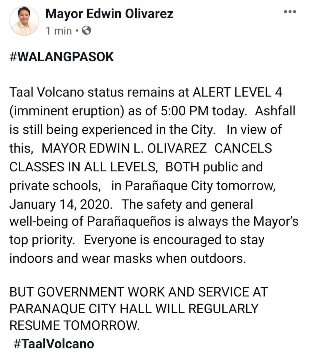 MSGSB's tweet photo. ANNOUNCEMENT: 

According to Mayor Olivarez, classes are suspended once again tomorrow, January 14, 2020. We continue to pray for everyone’s safety! Peace to us all 💙 https://t.co/3IoLWQvOjc