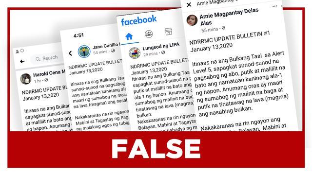 rapplerdotcom's tweet photo. #FactCheck: This claim is false. As of 6 pm on Monday, January 13, Taal Volcano is still under Alert Level 4. The NDRRMC asked the public to rely on their official releases as well as official bulletins from Phivolcs. #TaalEruption2020 https://t.co/GHjuwmW5Ob