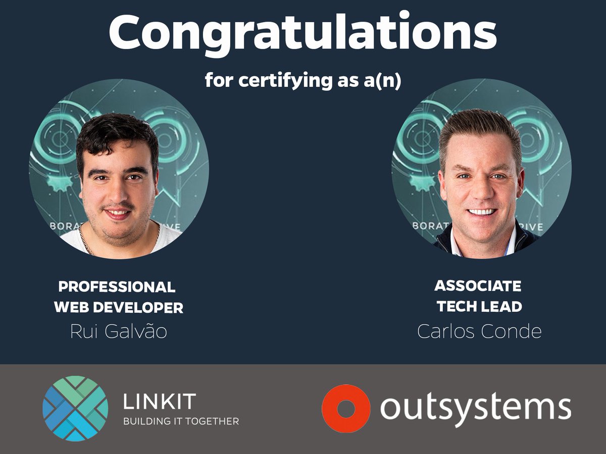 LINKITGroup's tweet photo. Shout-out to the @OutSystems team! Rui Galvão &amp; Carlos Conde successfully #certified recently as Professional #WebDeveloper &amp; Associate #TechLead in #OutSystems. Nice work &amp; congratulations to both of you! #outsystemspartner #outsystemsdev https://t.co/BBVmtdTfR3
