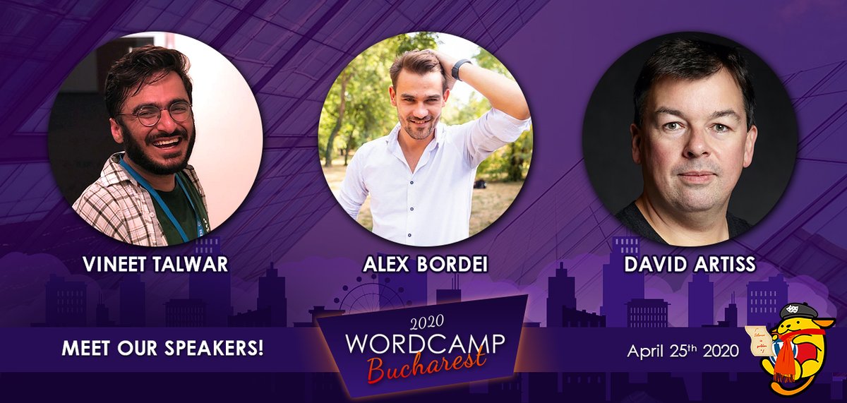 📢Today we are delighted to announce the first round of speakers that will present at <a href="/WordCampBuc/">WordCamp Bucharest</a> 2020. 
Introducing <a href="/vineetsktalwar/">Vineet Talwar</a>, <a href="/ABordei/">Alex Bordei 💙</a> and @DavidArtiss.
😎 Read more: bit.ly/2tft1jP

🎟 Get tickets at bit.ly/wcbuc2020ticke… 

#wordpress #wordcamp #wcbuc2020