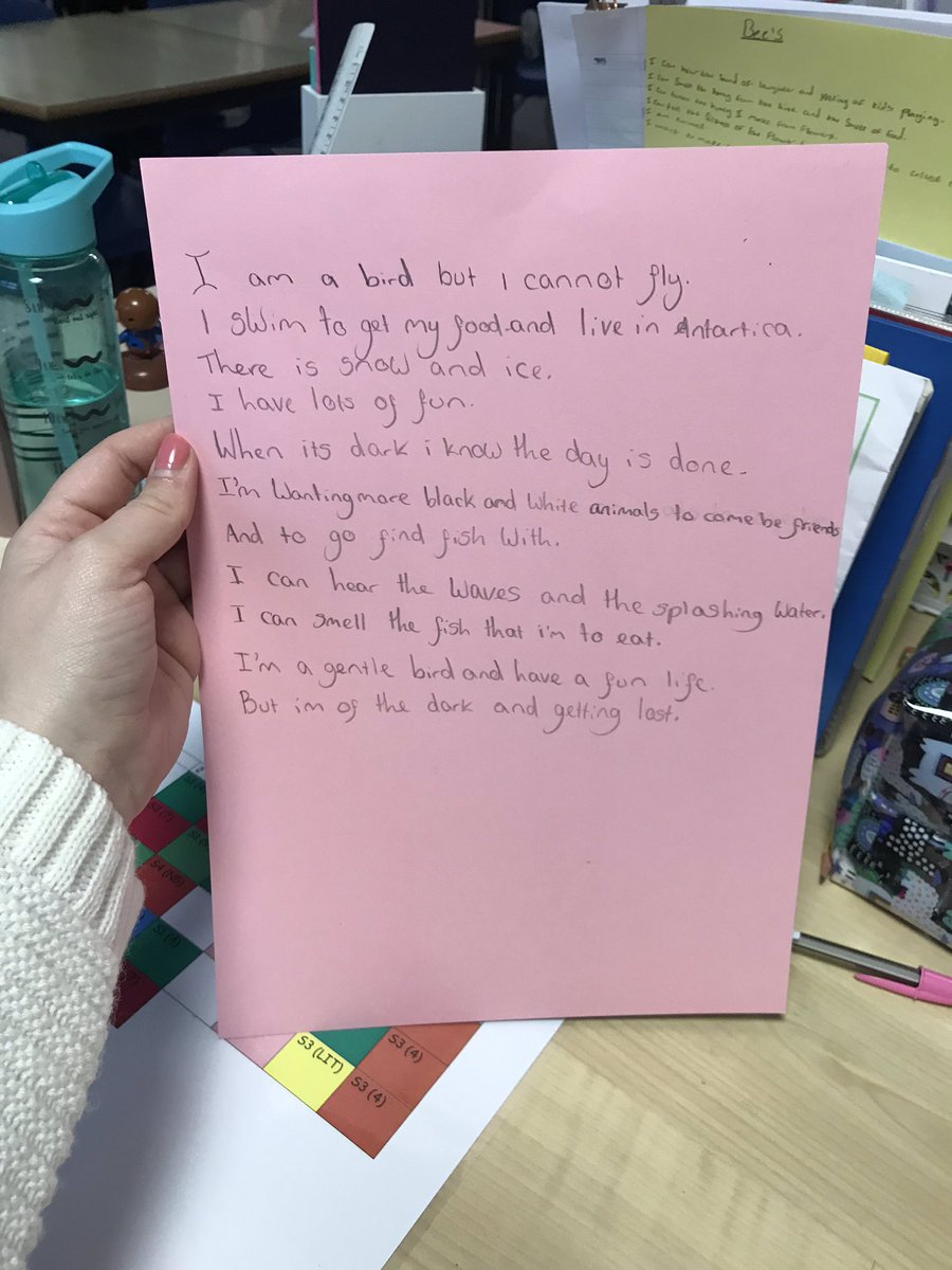 MrsMoroneyEng's tweet image. S1 pupils are writing their own animal poetry. They are focusing on using implicit language, so they are describing their animal without telling us what it is. Can you guess what animals are being described here? 🦁 🐯 🐻 🐶 #implicit #language #english #poetry