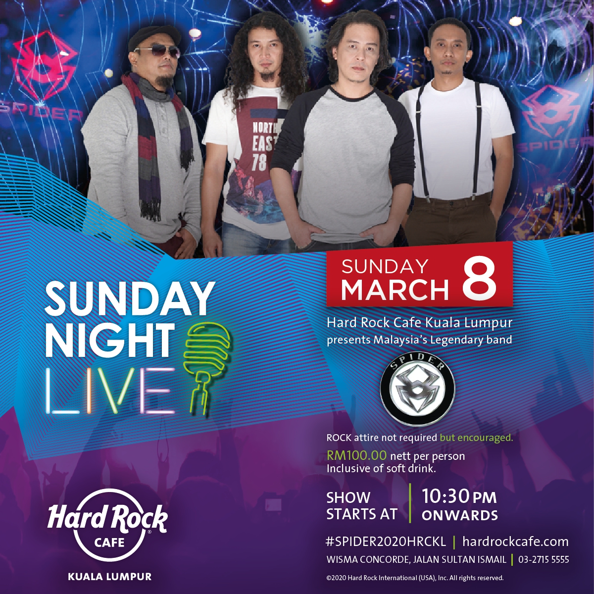 Sunday Night Live with Spider on March 8 at 10.30pm onwards. Safe the date guys. #sundaynightlive #hardrockcafekualalumpur #hardrockcafekl #spiderbandmalaysia