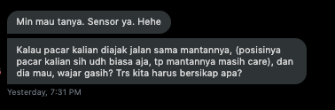 hitmansystem's tweet photo. habis makan siang, diskusi tipis yuks.

gimana kalo pacar diajak jalan sama mantannya?
kalo ngebolehin, batasannya kaya gimana?
kalo gak boleh, alasannya apa?

pake reply ya biar enak baca thread nya. https://t.co/OEOIuT3DDR