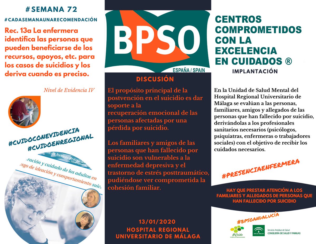 #CadaSemanaUnaRecomendación 
👉 Hay que dar soporte sociosanitario a los familiares y allegados de las personas que han fallecido por suicidio, ya que son más vulnerables a enfermedades depresivas y de estrés.
#bpso #bpsoAndalucía <a href="/BPSOspain/">BPSO</a> #cuidoenregional #presencia