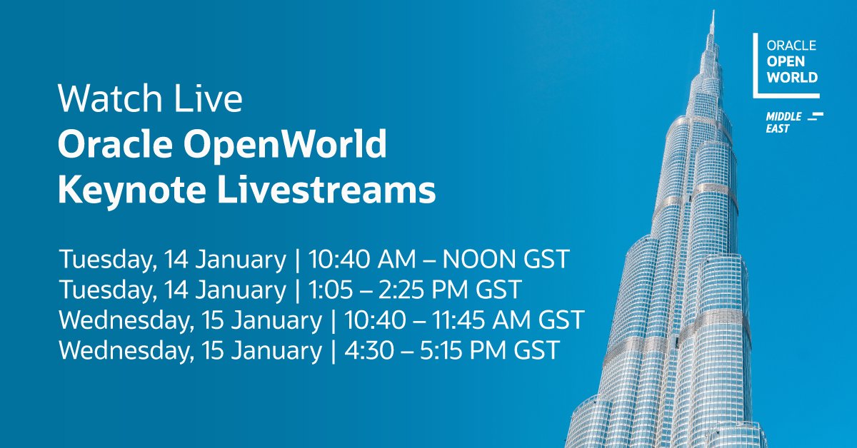 OracleAIWorld's tweet photo. Couldn't make it to Dubai for Oracle OpenWorld? Watch the keynotes here on Twitter! Check out our livestreaming schedule and follow the excitement with the official event hashtag: #OOWDXB. https://t.co/V8ocogTV5h https://t.co/TOfByeABV1