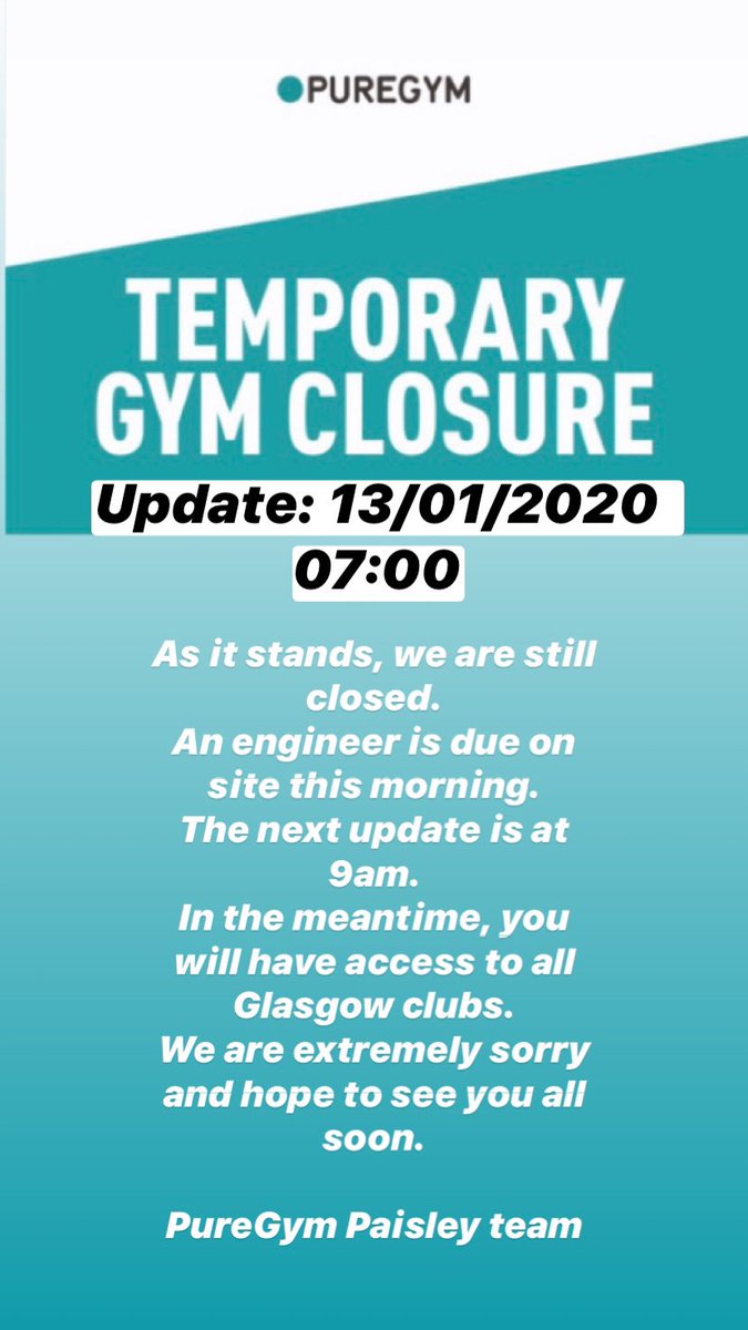 PureGym Paisley UPDATE: 13/01/2020 07:00. Next update due 09:00.

Thank you to all our amazing members for their understanding - PureGym Paisley.