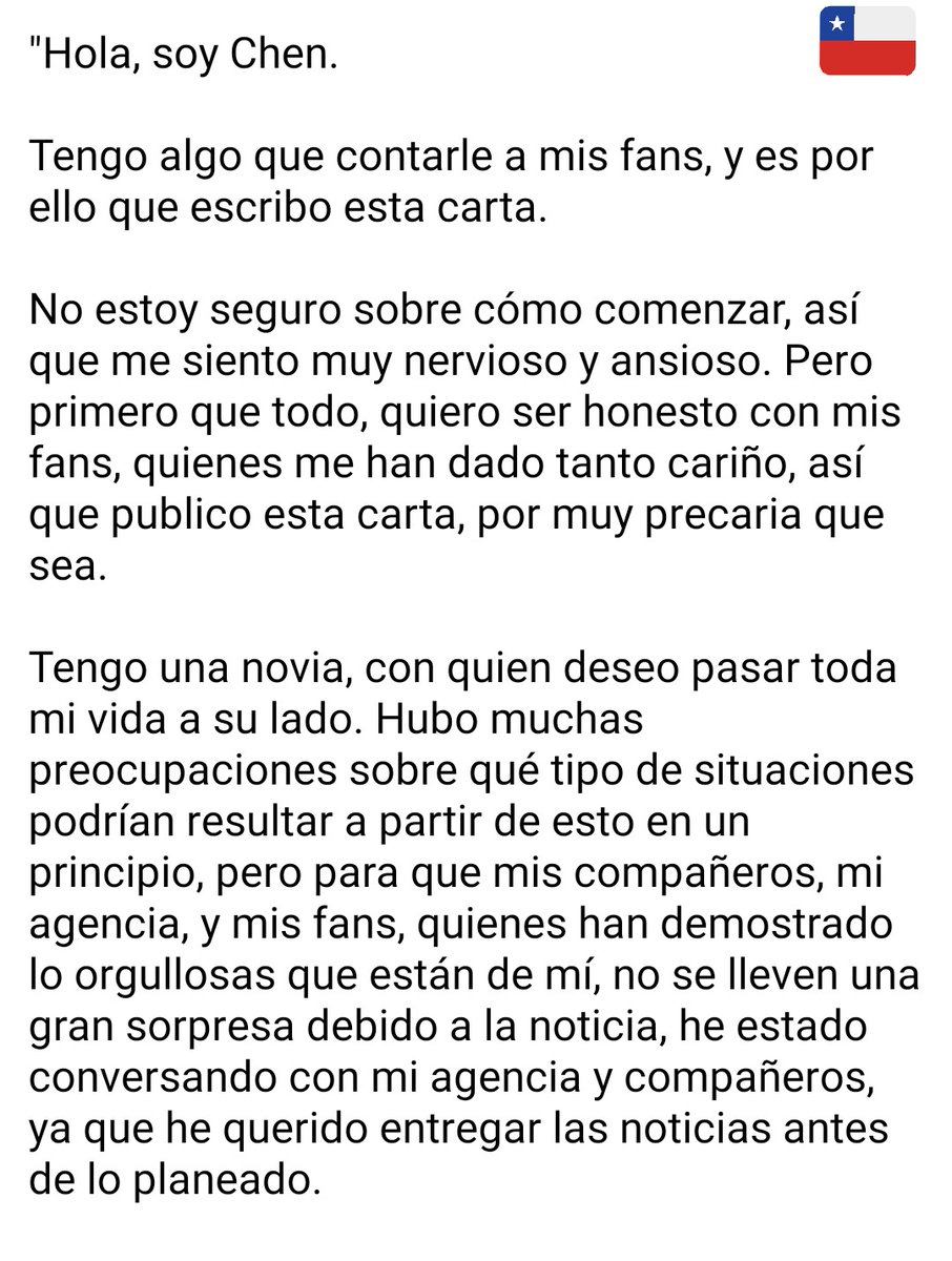 EXOChileOficial's tweet photo. [Traduccion]{200113} ◆ Carta de parte de #Chen, publicada en la aplicación Lysn, donde anuncia su matrimonio. ❤️

"Hola, soy Chen..."

(*) Usemos el hashtag #CongratulationsJongdae y #FelicidadesJongdae para expresar lindos deseos.😍

Trad. Esp: EXO Chile
#EXO #엑소 @weareoneEXO https://t.co/xBlod8wa3p