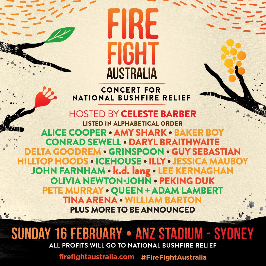 We are headed to Australia next month, and I am proud to announce we will be performing at #FireFightAustralia alongside an incredible line-up of artists to raise money for national bushfire relief.

Tickets are on sale at firefightaustralia.com