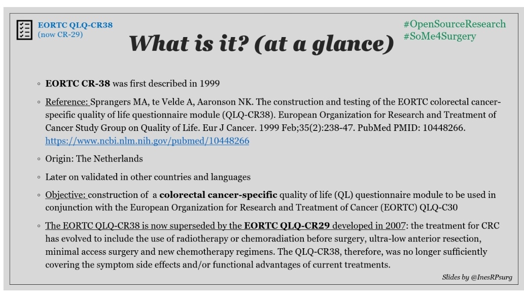 InesRPsurg's tweet photo. What is it (at a glance)? EORTC CR-38/CR-29 #OpenSourceResearch #OSRweek1
Link to original CR-38 paper by Sprangers et al. (1999) in PubMed here: https://t.co/VuTjPEJ2SQ https://t.co/DoV73JJWUV