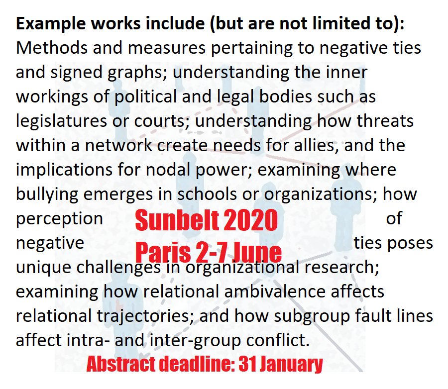 SaminAref's tweet photo. One week left to submit an abstract to @SocNetAnalysts #sunbelt2020 special session on "negative ties and signed graphs" organized by Filip Agneessens @nickharrigan @glabianca @zpneal and @saminrf Please RT
2-7 June in Paris
#SignedNetworks
#NegativeTies
https://t.co/aIf1zhTqam