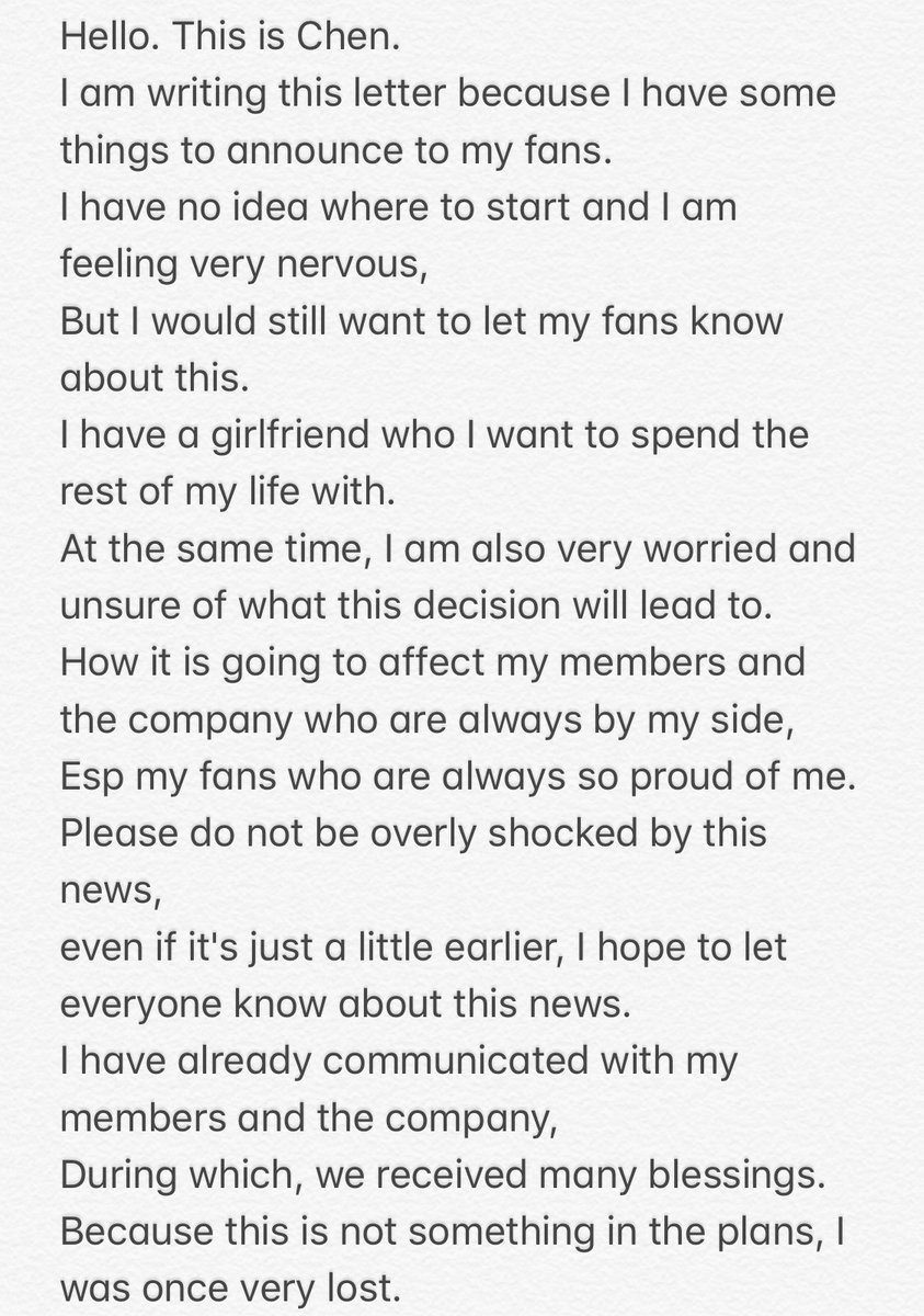 WWEXOL's tweet photo. [INFO] #CongratulationsJongdae Sincere congratulations to #CHEN ❤️
Translation of #CHEN ‘s letter to EXO-Ls. 

@weareoneEXO @exoonearewe #EXO #엑소 https://t.co/5Y2gZUj2la