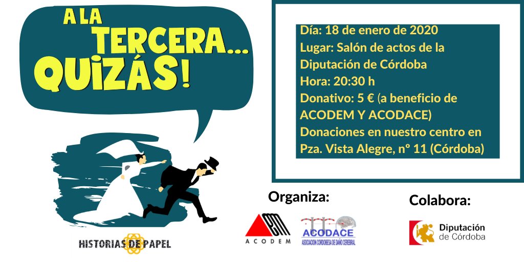 acodemcordoba's tweet photo. Cuando la #cultura y el #arte #cordobés apoya los proyectos por los que luchamos surgen iniciativas tan bonitas como esta. ¿Te vienes? #ACODEM #ACODACE #teatrosolidario #Córdoba #historiasdepapel @dipucordoba https://t.co/wPQsDeXGVq