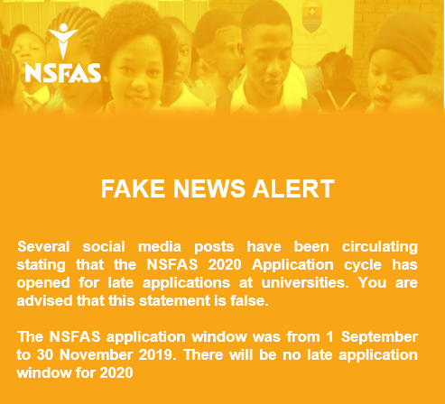 myNSFAS's tweet photo. Fake News Alert: No late applications will be accepted https://t.co/GEuINyccsU