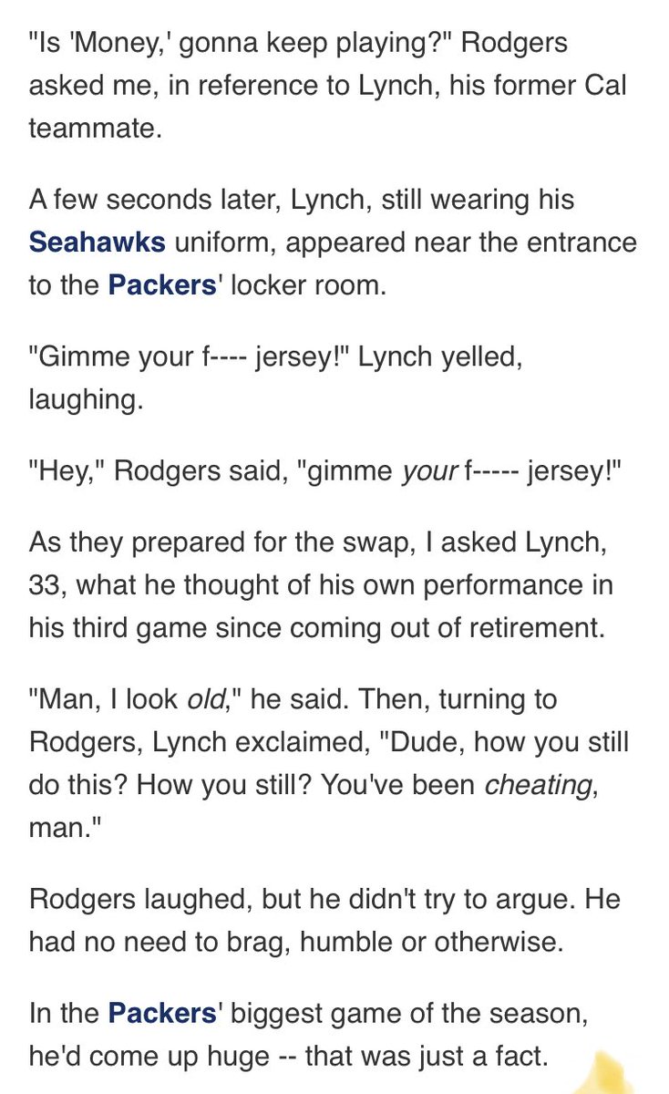 MattyHip's tweet photo. Marshawn Lynch went to the #Packers locker room to get Aaron’s jersey. https://t.co/V7J0w0W38I