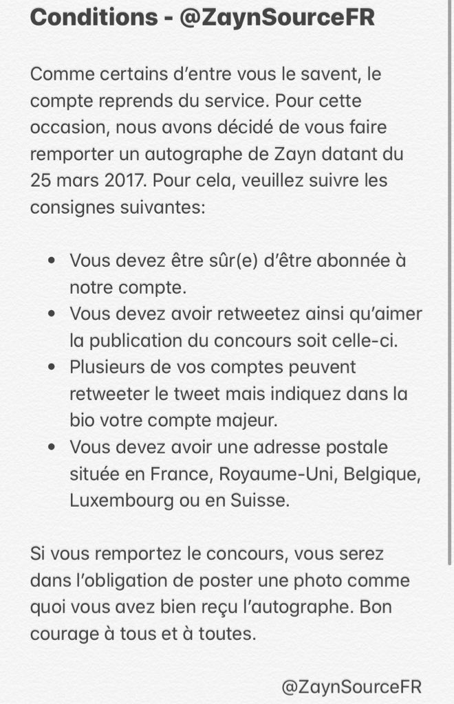 ZaynSourceFR's tweet photo. #CONCOURS | Remporte l’autographe de Zayn tout en suivant les conditions suivantes. Bonne chance à tous et à toutes! https://t.co/MvvFoc4K5n