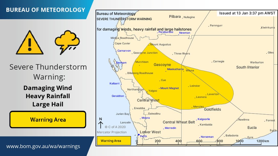 BOM_WA's tweet photo. Severe thunderstorm warning for parts of the Gascoyne, Goldfields and South Interior districts. Locations which may be affected include #Meekatharra, #Mount Magnet, #Leonora, #Laverton, #Leinster, #MountAugustus, #Wiluna & #Yalgoo. https://t.co/WRuJXyoduk @dfes_wa https://t.co/CDhC3IZHyO