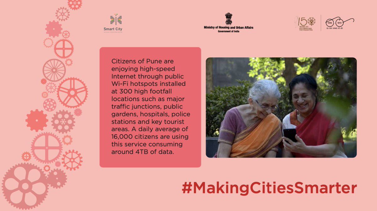 Secretary_MoHUA's tweet photo. Punekars are enjoying high-speed internet access through public Wi-Fi hotspots installed at 300 high footfall locations and key tourist areas. On average, about 16,000 citizens are using this service consuming around 4TB of data on a daily basis.
#MakingCitiesSmarter https://t.co/sdef66xXFT
