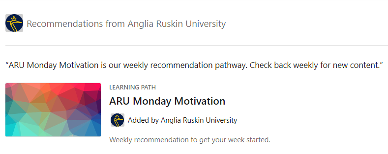 ARU_ITSNews's tweet photo. Welcome to our first @AngliaRuskin #MondayMotivation with @LI_learning . In 2020 we'll be recommending a video each monday to help you make the most of LinkedIn Learning. Check out today's recommendation on our Monday Motivation Learning Path here - https://t.co/wST7Ixyfrn https://t.co/xSAwqmpPQJ