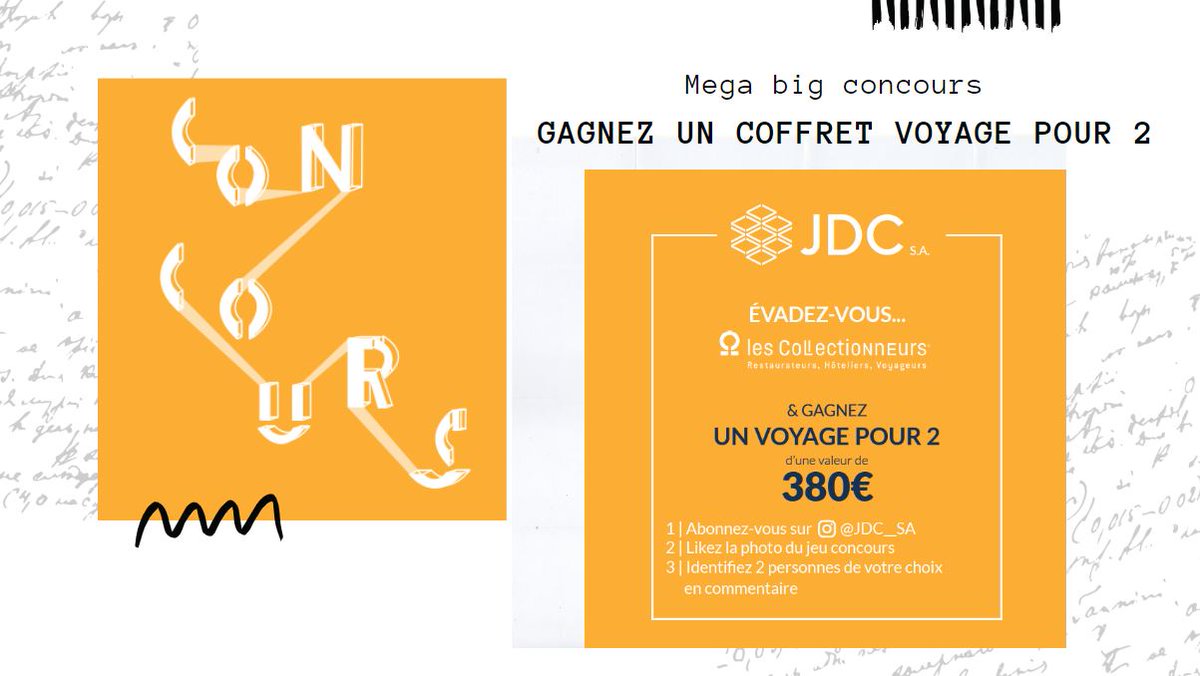 💥 CONCOURS 💥

Nous vous offrons un voyage pour 2 d'une valeur de 380€. ☀️✨
Pour participer rendez-vous sur le compte Instagram @jdc__sa (avec deux _)

➡️Abonnez-vous sur @jdc__sa
➡️Cliquer sur la photo du concours
➡️Likez
➡️Identifiez 2 personnes de votre choix