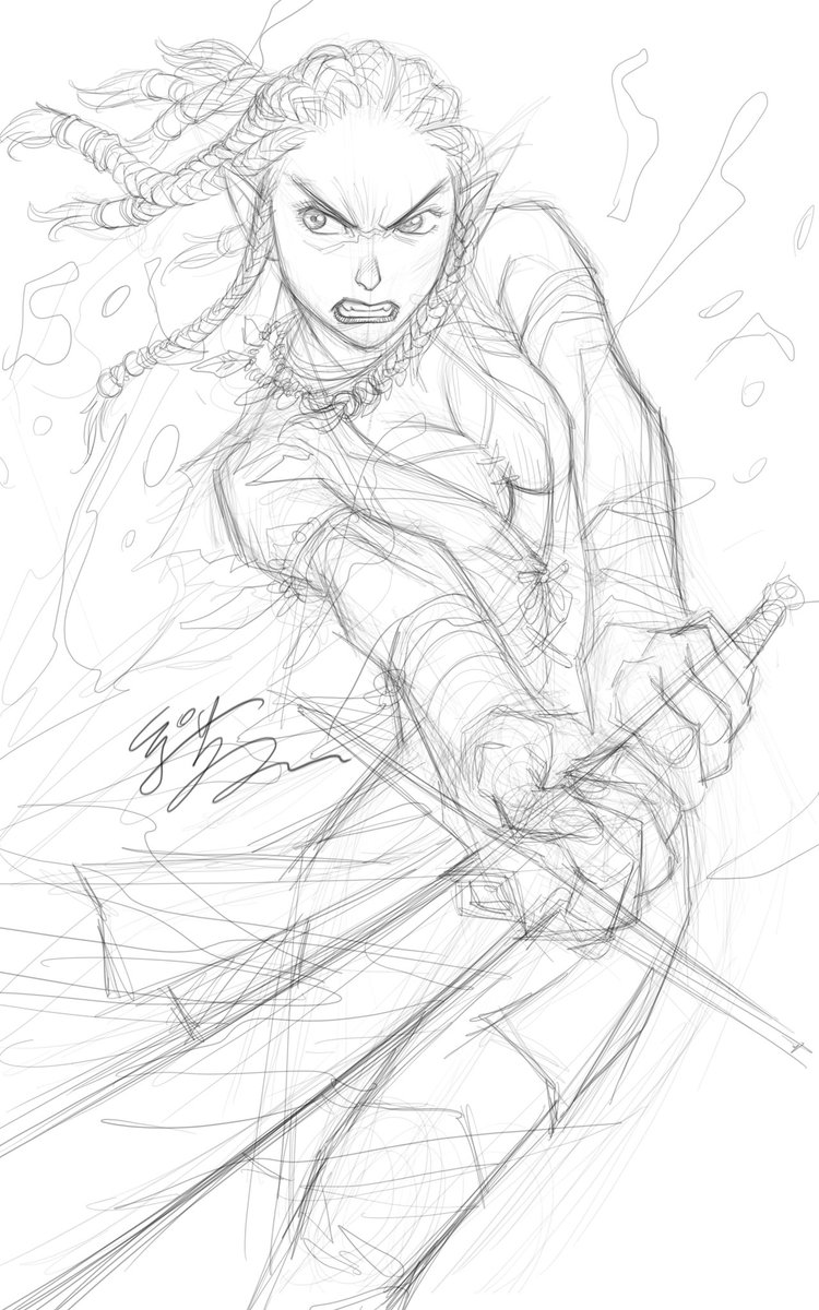 ejsu28's tweet image. Midnight sketch. Elf warrior taking out trash. 2020.0112 #elf #warrior #androidart #tabs4 #autodesksketchbook #sketch #slashing #fantasy