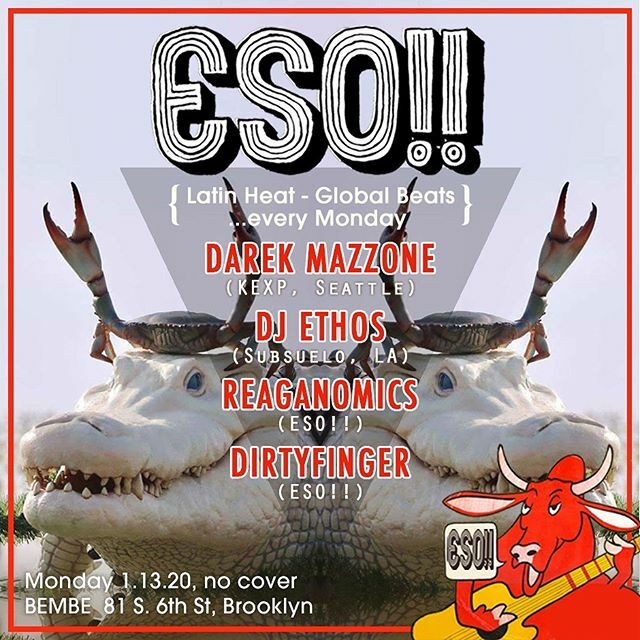 DIRTYFINGER's tweet photo. Monday: ESO!!
Stacked...
@darekmazzone (@kexp, Seattle)
@djethos (@subsuelocrew, LA)
@djreaganomics
@dirtyfinger
...spicy as always.
🌴 @bembebrooklyn
#ESObklyn #fbp https://t.co/z0CVg4YUvX
