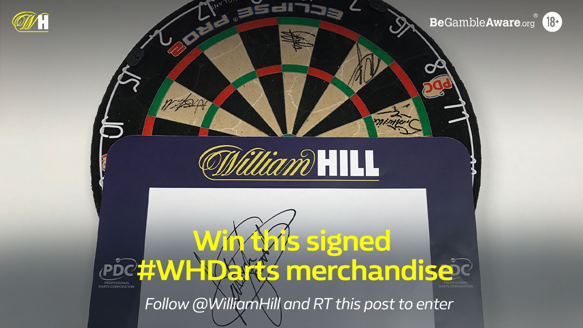 WilliamHill's tweet image. Win a darts prize bundle, including:

🎯 A board signed by the four #WHDarts semi-finalists
1⃣8⃣0⃣ A 180 card signed by @Fsherrock 

To enter:
👍 Follow @WilliamHill 
🔄 Retweet this post 

Terms: wh.bet/DartsBundle