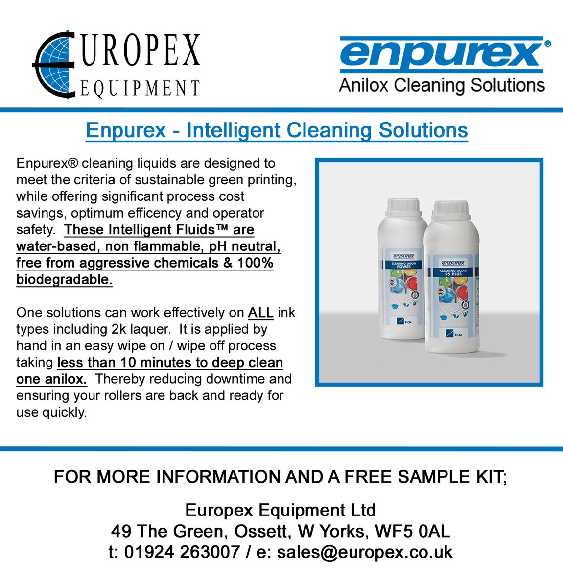 Europex Equipment are the UK distributor of Enpurex Anilox Cleaning Solutions.  Contact us for more information and your FREE SAMPLE PACK.