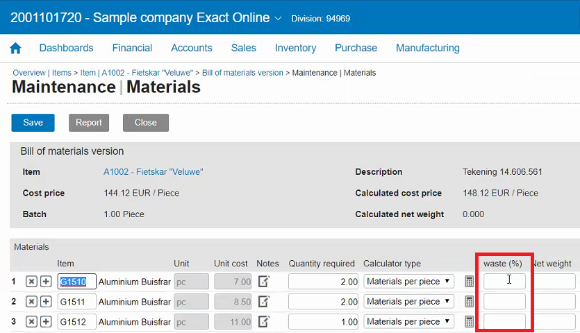 PieterHamans's tweet photo. First sprint demo Exact for Manufacturing in 2020 showing waste percentage in BOM, shop order and material issue screens @Exact_NL #customerfeedback (https://t.co/dyCLEOemIa) https://t.co/DHqxjrfJIZ