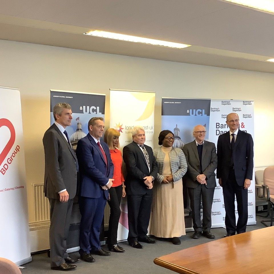 Neil Turvey from UCL, Cllr Rodwell from LBBD, Teresa Itabor and Tony Barry from BD Group, Cllr Bright from LBBD, and Profs Tyler and Titchener-Hooker from UCL Engineering, celebrating PEARL being granted planning permission in Dagenham East.