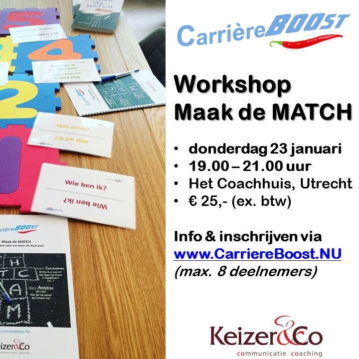 WELKE BAAN PAST NOU ÉCHT BIJ JOU?

Kom naar de MATCH-workshop op 23 januari. 
In 2 uur tijd maak je kennis met de MATCH-methode waarmee je jezelf gestructureerd en stevig(er) positioneert &amp; presenteert op de arbeidsmarkt. 
Voor meer info &amp; inschrijven: lnkd.in/eSDdd7K