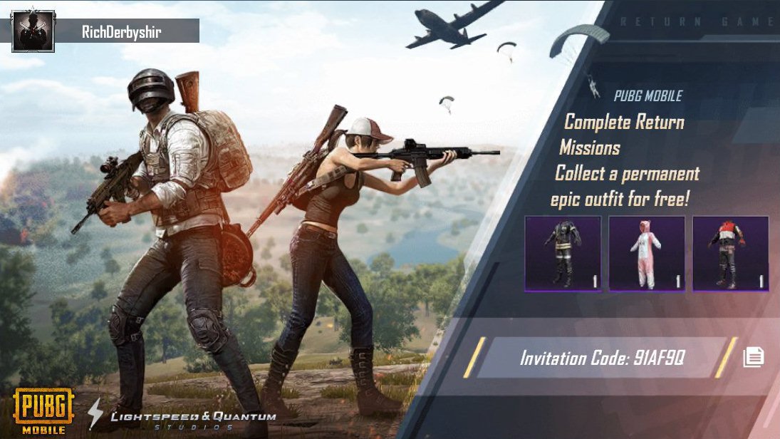 Derbymeyer's tweet photo. Complete PUBG MOBILE Return Missions! Collect a permanent epic outfit for free! My invitation code: 91AF9Q https://t.co/pCYeuwmhXc https://t.co/508t4pmTYm